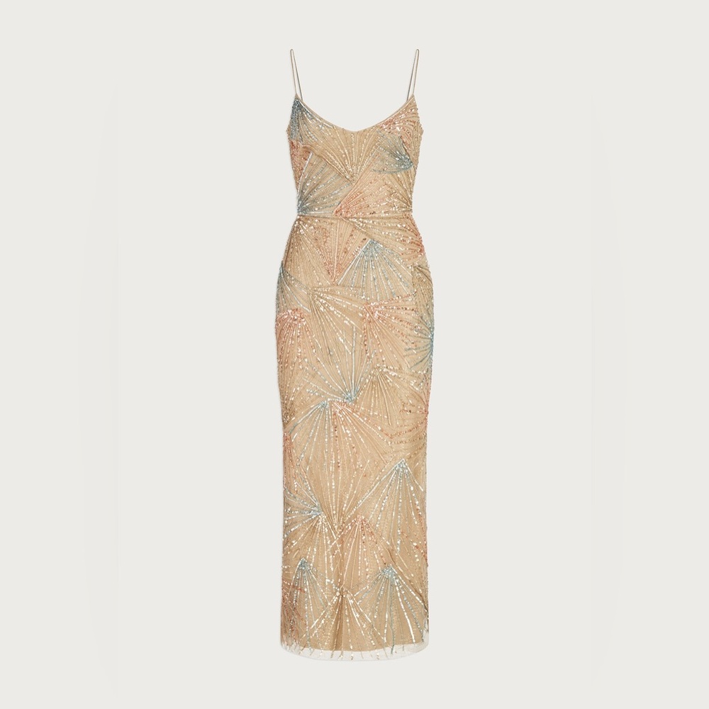 Theia Strapless Sequin Dress - Tan and Blue